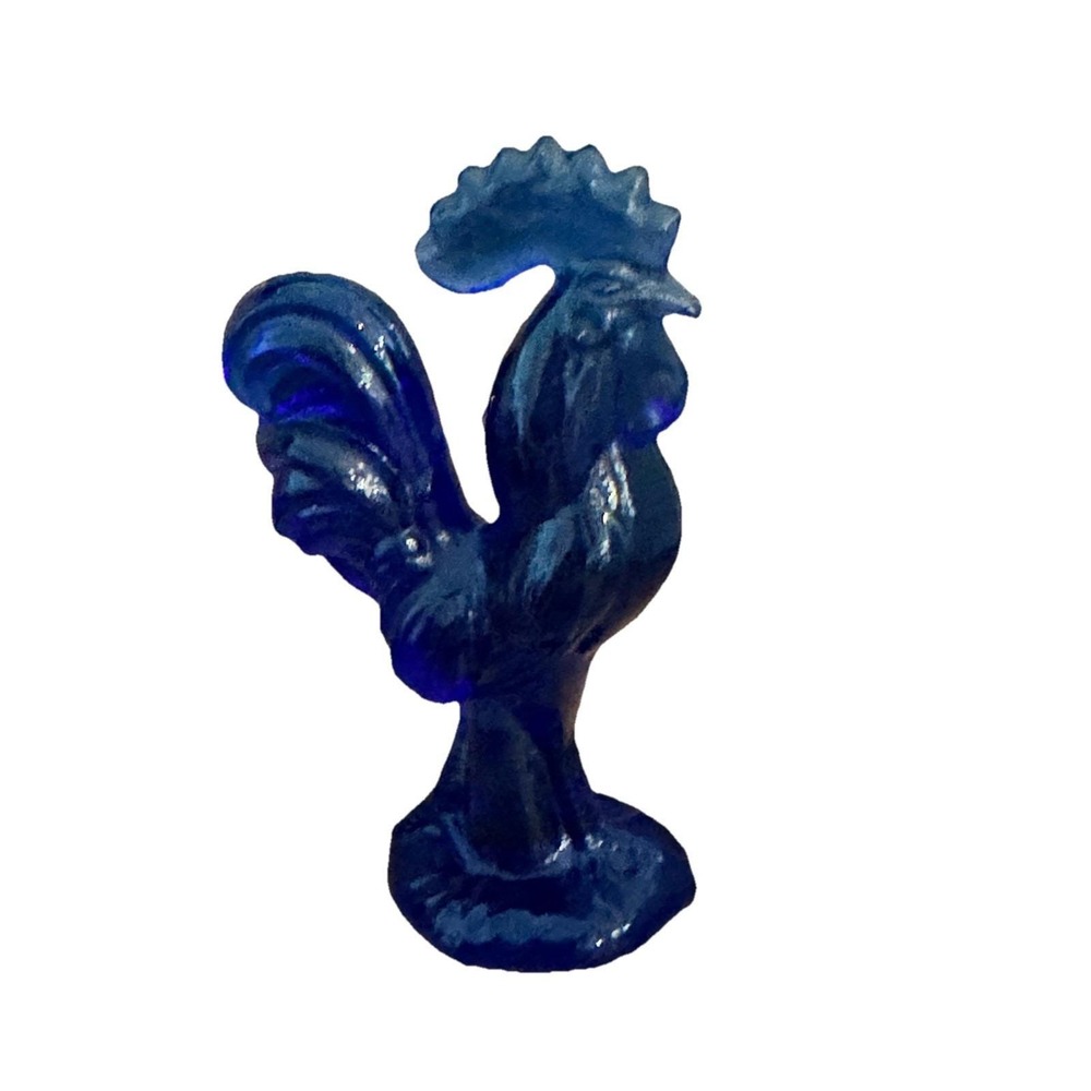Vtg Cobalt Blue Depression Glass Style Mini Rooster Figurine, 4" Farmhouse